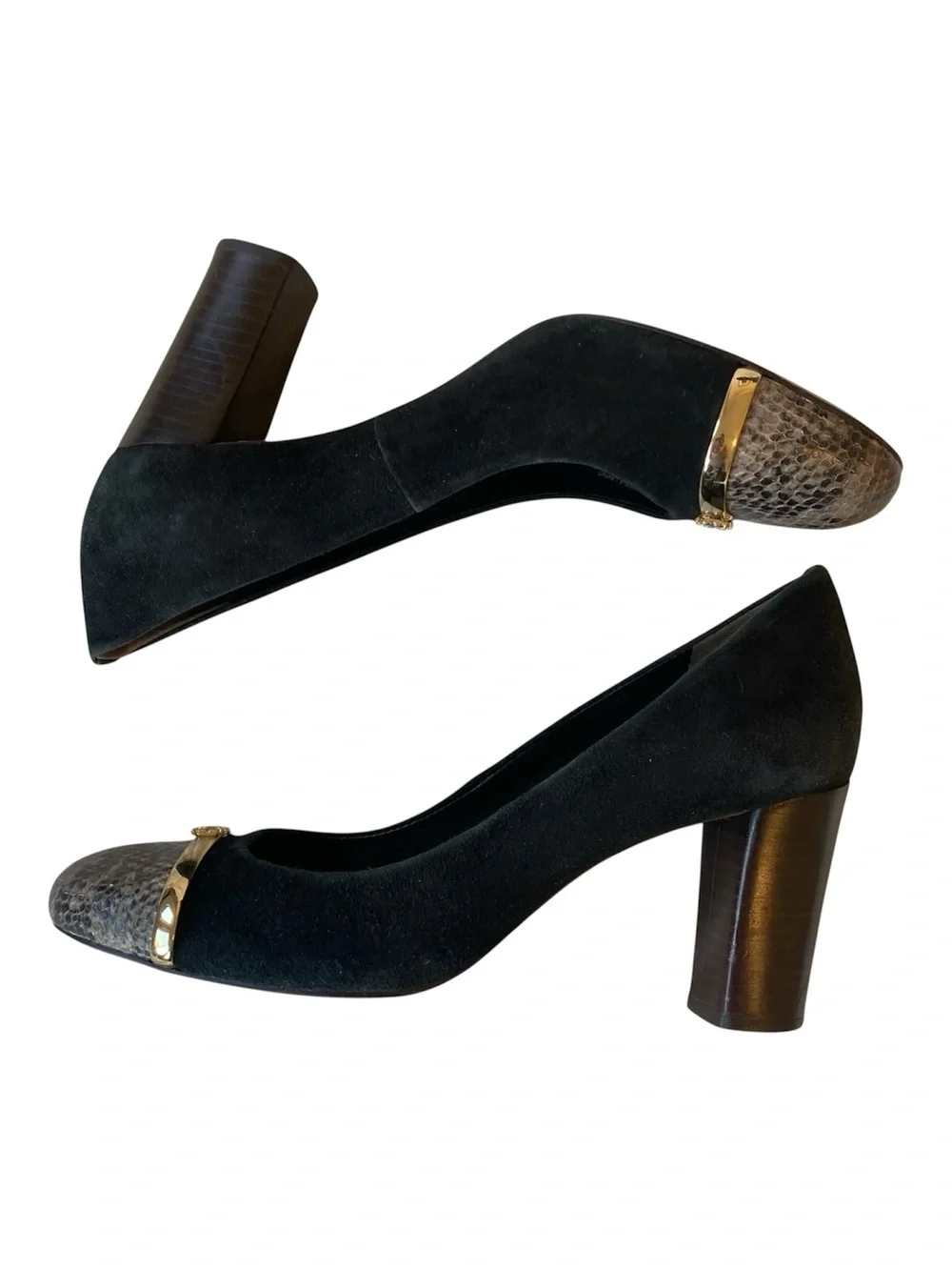 Tory Burch Pacey Black Suede Snake Cap Toe Block Heel Pumps Women’s 7